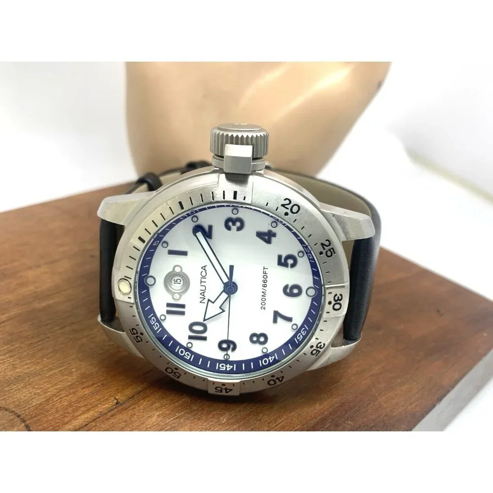 Nautica Men's Watch N14524 Quartz White Dial Date Black Leather Band 46mm